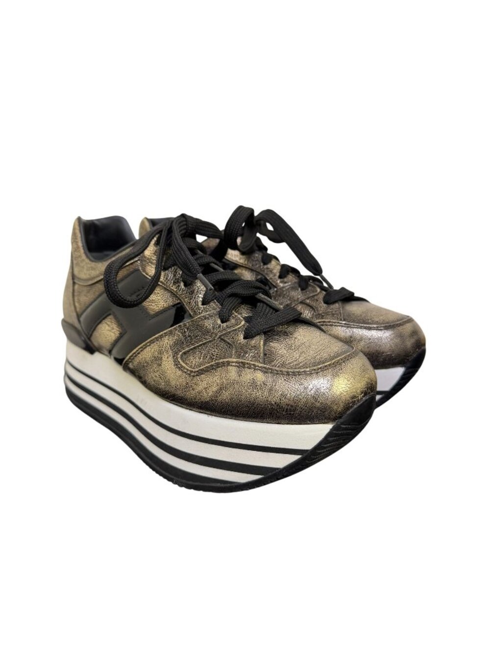 Hogan Gold Platform Sneakers Metallic Leather Size 5.5